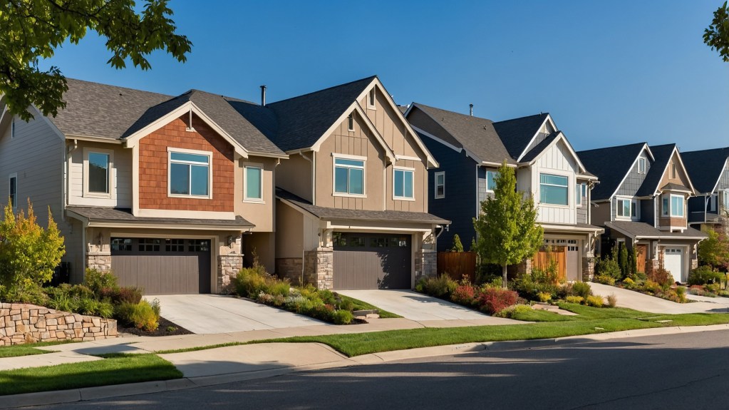 Row of charming houses lined along a residential street, surrounded by trees and a clear sky